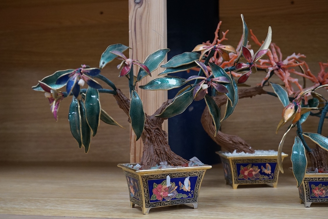 Five miniature Chinese enamel and coral bonsai trees and planters, largest 22cm high